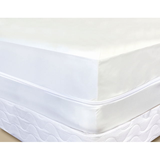 Anti Bed Bug Mattress Protector Box spring Protector - Depth 18 Inch, King. A white, zippered mattress encasement fully enclosing a king-size mattress, providing six-sided protection against bed bugs, allergens, and liquid spills. Made of 100% polyester with polyurethane backing, it is waterproof, breathable, hypoallergenic, and machine washable. Designed for mattresses up to 18 inches deep.
