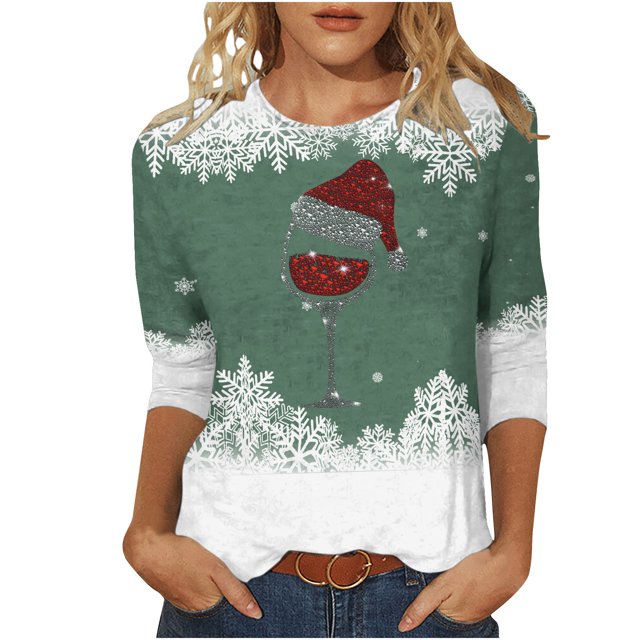 Pisexur Chandails de Noël pour Femmes Chandails à Manches 3/4 pour Femmes Chandails à Col Rond Graphiques Amusants Chandails à Capuchon Décontractés pour les Fêtes de Noël Confort Amples Mode d'Automne Chandails à Enfiler