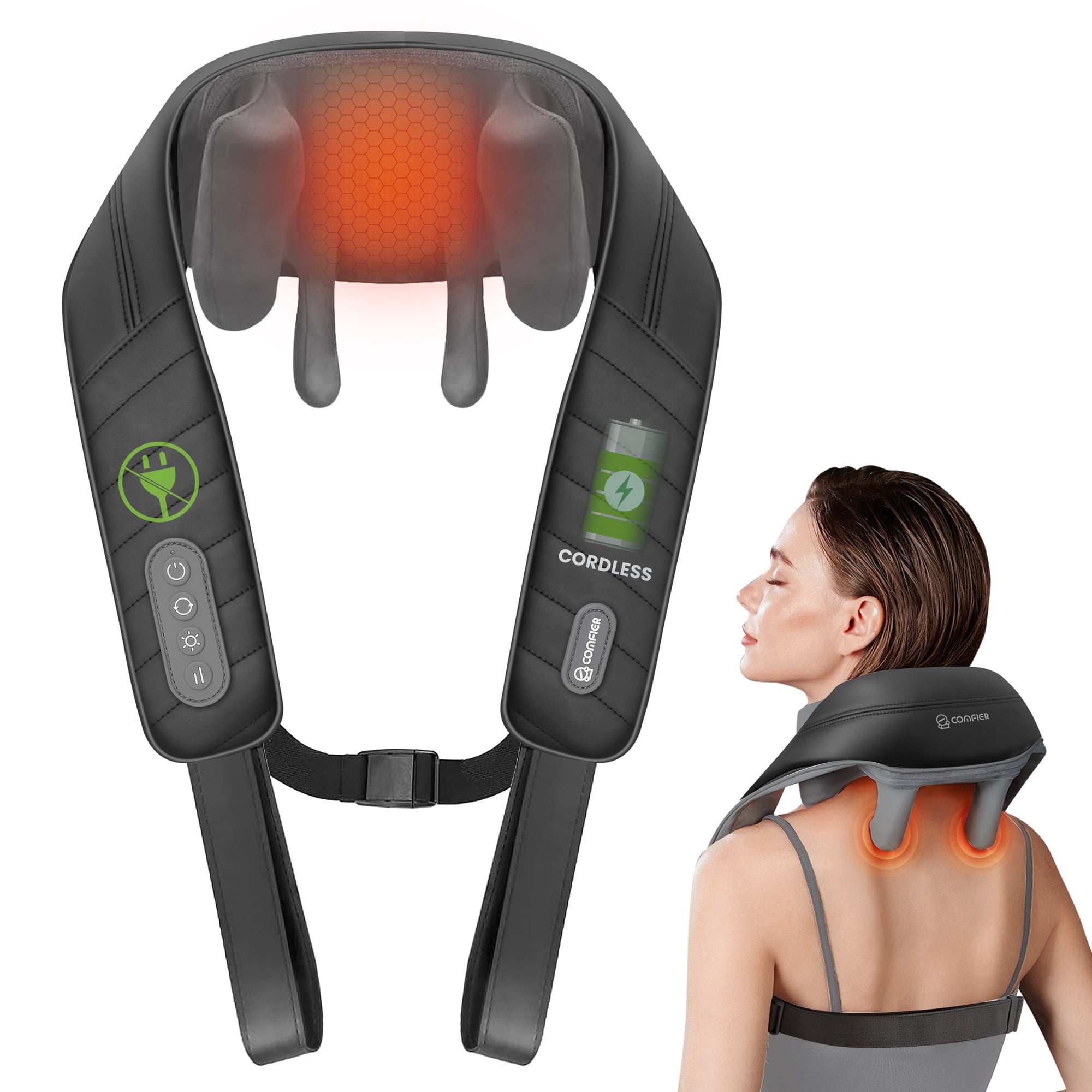Rechargeable Neck Massager with Heat, Comfier 4D Cordless Kneading Shoulder Back Massager for Pain Relief, Black