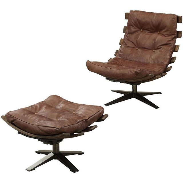 ACME Chaise Swayback Gandy Touffeté avec Pouf en Cuir Grainé Marron Rétro