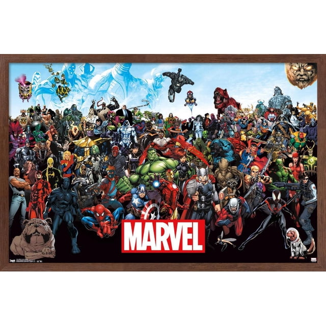 Marvel Comics - The Marvel Lineup Wall Affiche, 22.375 Pouces x 34 Pouces, Montrant un collage Détaillé de Superhéros et Méchants Marvel, Incluant Hulk, Spider-Man, Thor, Iron Man, Captain America, Groot et Rocket Raton Laveur en costumes Vibrants sur un Fond de Ciel Bleu avec le logo Marvel Rouge et Blanc au Centre Inférieur, Encadré en Bois. Cette Affiche Brillante Convient à la Décoration Murale de la Maison Ou du Bureau.