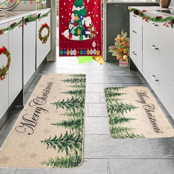 1 Packs Non-Slip Christmas Kitchen Runner Rug Set,Holiday Floor Mats, Washable Anti-Fatigue Kitchen Decor for Home, Festive Xmas Decorations for Indoor Use, Merry Christmas Kitchen Floor Covering