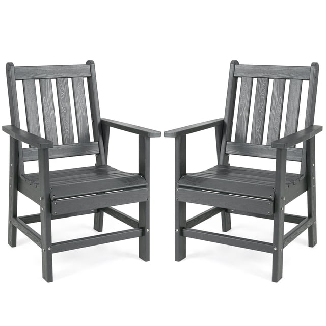 Gymax Patio Dining Chairs Set of 2 w/Wide Armrests Curved Seat Wood Grain for Backyard Gray