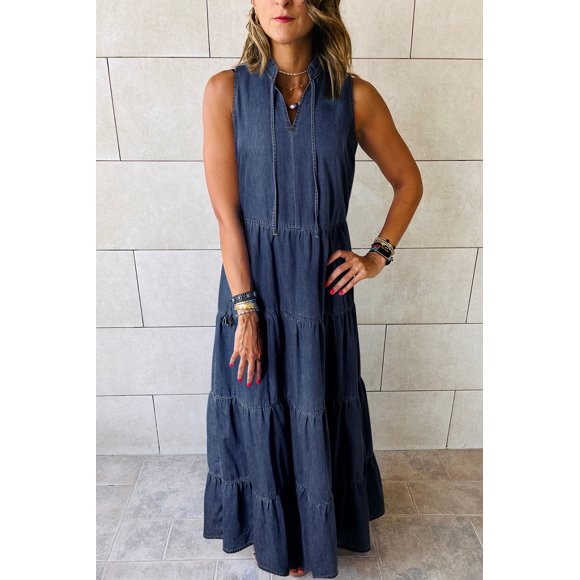 FOLUNSI Stylish Teal Maxi Chambray - Modern Tiered Charm