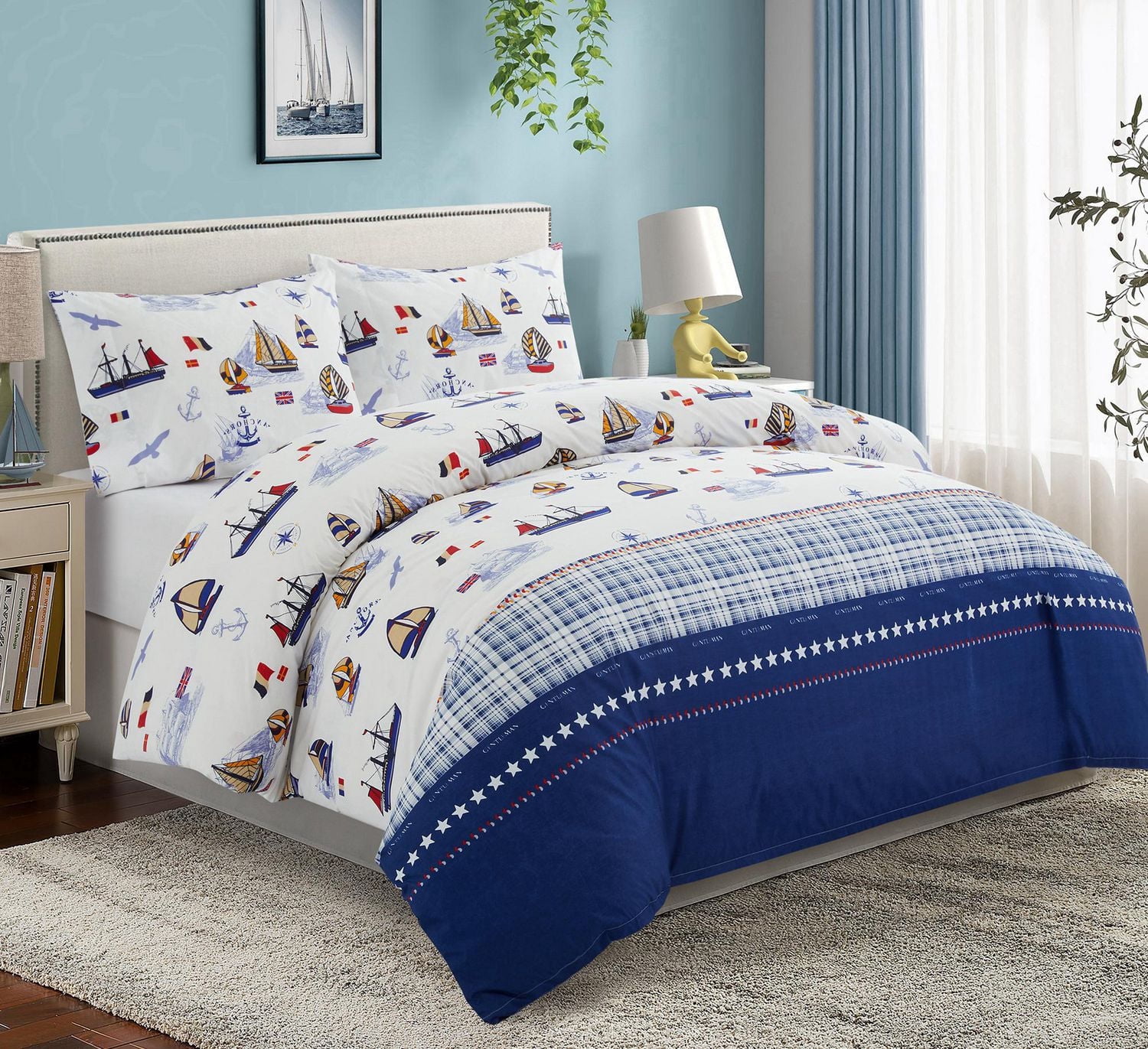 Literie en percale de coton doux 600 fils/cm², motif bateau à voile, housse de couette et drap-housse, motif marine, pour enfants et tout-petits