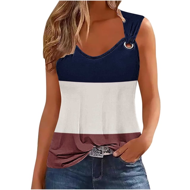 Mrat Camisoles de Base pour Femmes Débardeurs pour Femmes Tendance Tunique à Col Rond Hauts Décontractés Sans Manches T-Shirts Graphiques à Rayures Camisoles Amples Blouses S-193 Brun TG