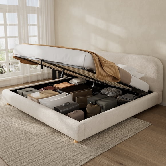 LHYY King Size(76''×80'') Ottoman Hydraulic Lift Storage Platform Bed,Luxurious Boucle fabric Upholstered Bed,Hidden Under-Bed Storage for Bedroom,No Box Spring Needed,Cream White