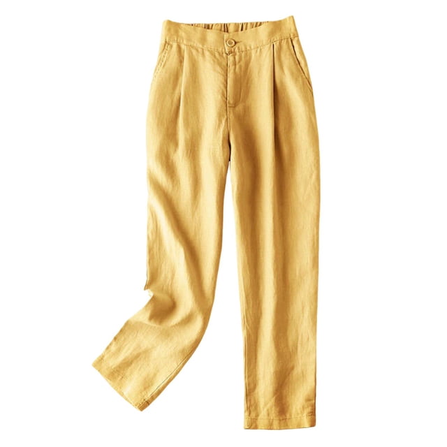 Timegard Cotton Linen Pants for Women Elastic High Waisted Button Ruched Casual Trousers with Pockets