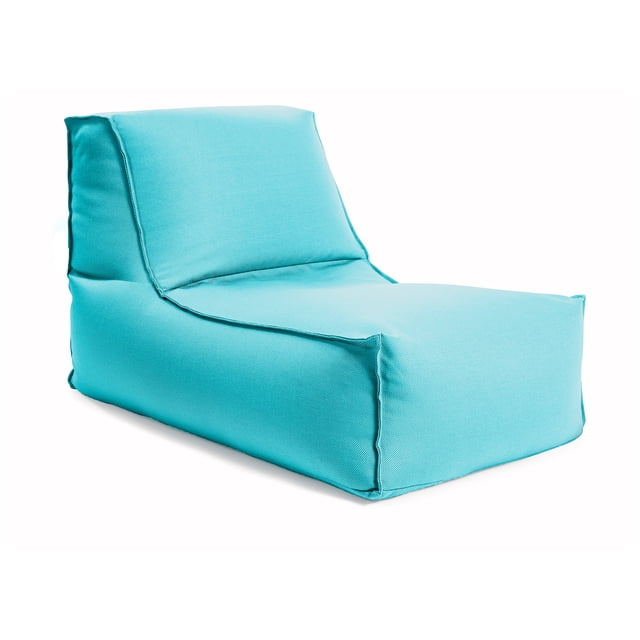 Gouchee Home Alpine Peacock Bean Bag Lounger in turquoise blue water-repellent olefin fabric with high-density polystyrene bead filling, featuring a sleek low-profile design for kids' indoor or outdoor seating, shown in a 3/4 front view on white background, also suitable for reading nooks or poolside relaxation.