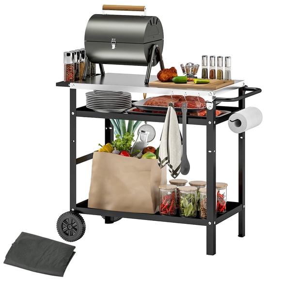Outsunny BBQ Stand with Stainless Steel Top Adjustable Shelf, Black