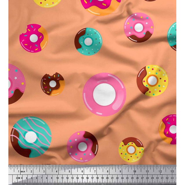 Soimoi Orange Rayon Crepe Fabric Donuts Food Printed Fabric 1 Yard 46 Inch Wide