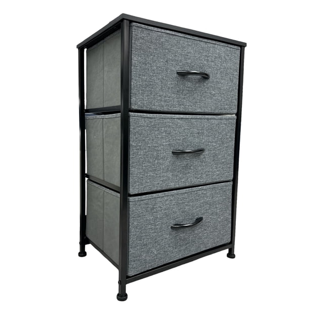 3 Drawer Dresser Storage Vertical Tower Organizer Bedroom Nightstands Steel Frame, Grey. A compact, modern storage solution featuring three grey fabric drawers with black wooden handles, supported by a sturdy black metal frame. The dresser includes a smooth MDF top for displaying items like photo frames or books. Dimensions: Width 17.75 inches, Depth 11.75 inches, Height 28.7 inches. Ideal for organizing clothes, accessories, toys, or linens in bedrooms, hallways, or closets.