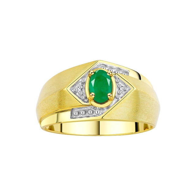 RYLOS Mens Rings Yellow Gold Plated Silver Ring 6X4MM Oval Shape Gemstone & Diamond Ring Emerald May Birthstone Rings For Man Silver Rings, Size 13