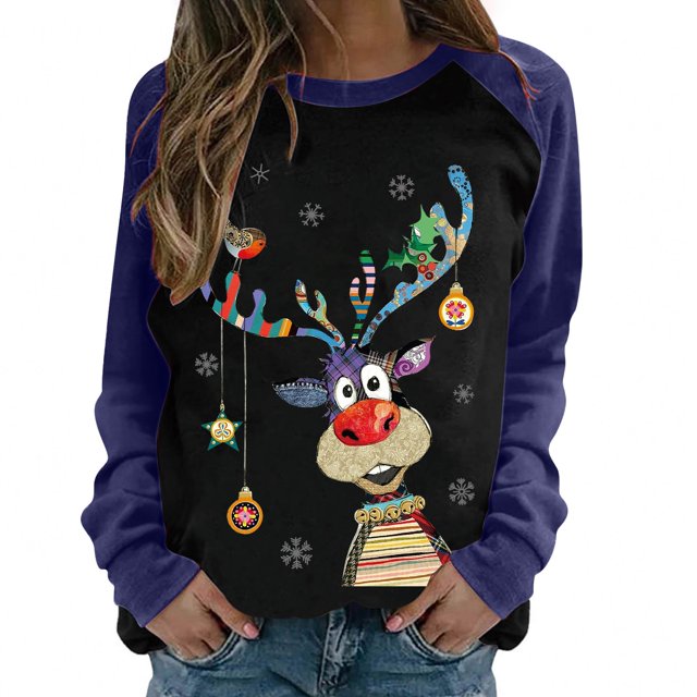 Costumes de Noël en Liquidation Col Rond Mode Décontractée Manches Longues Chandail à Imprimé de Noël Hauts Blouse Chandail Grande Taille pour Femmes