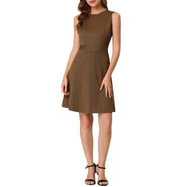 INSPIRE CHIC Women's Houndstooth Plaid Above Knee Sleeveless Fit and Flare Dresses XL Brown