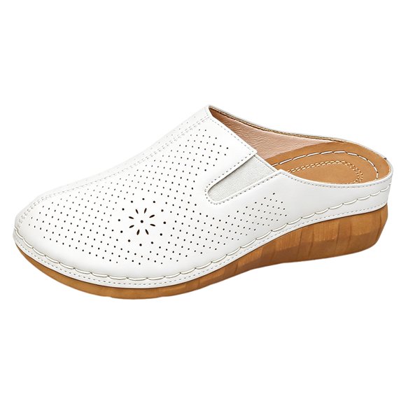 Women's Wedge Leather Clogs Close Toe Leather Hollow Out Mules Comfortable Slip On Backless Slide Dress Sandals White Size 6.5