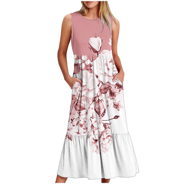 SDNall Womens Round Neck Sleeveless Printed Dress