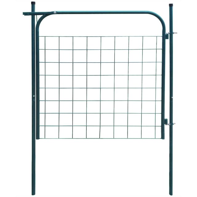 vidaXL Garden Fence Gate 100x100 cm in green, featuring a durable galvanised steel construction with a grid panel design. The gate measures 100 cm in width and 100 cm in height, with side posts extending to 150 cm. Ideal for separating gardens, patios, or business properties.