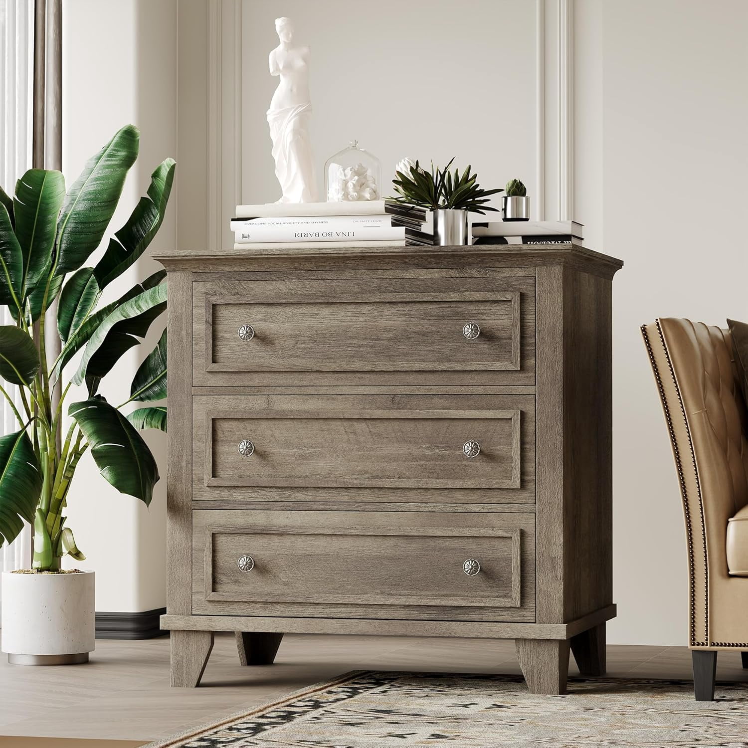 3 Drawer Dresser for Bedroom, Grey Wood Chest of Drawers Bedroom Dresser, Rustic Small Drawers Dressers Nightstand Wooden Closet Storage Cabinet for Living Room