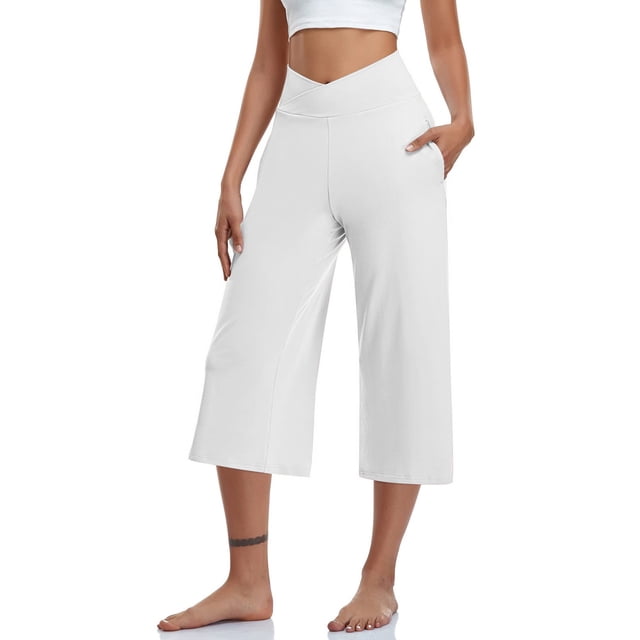 Jsaierl Womens Capris with Pockets Elastic High Waisted Capris Wide Leg Loose Comfy Capri Pants Plus Size Solid Color Straight Leg Capris