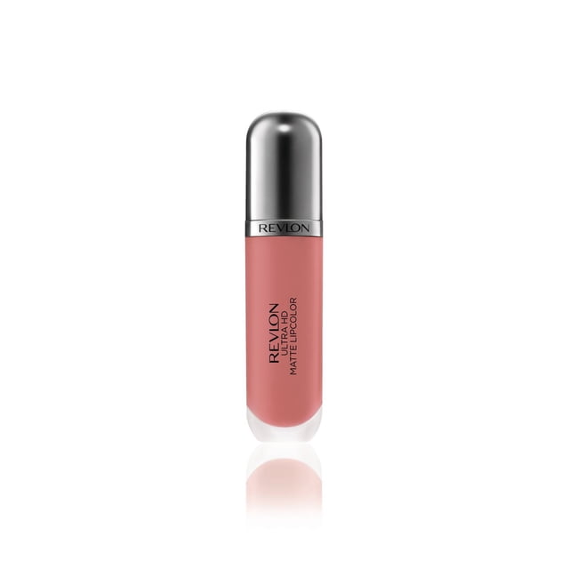Revlon Ultra HD Rouge à Lèvres Mat en Rose Atténué avec tube en Verre Givré et Capuchon Métallique Argenté, Mettant en Vedette la Marque Verticale Revlon, Offrant une Couleur pour les Lèvres Légère, Hydratante et Mat Velouté Haute Définition dans une Formule en gel, Convient à une application Précise avec Applicateur Peluche.