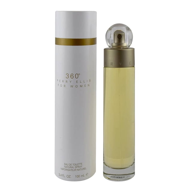 Perry Ellis 360 EDT for Her 100 ml, a women's fragrance featuring a blend of musky floral and sparkling fruity notes. The image shows a tall, cylindrical glass bottle with a golden cap and a clear spherical top, alongside its white packaging with gold accents. Suitable for all occasions and designed for long-lasting wear when applied to pulse points.