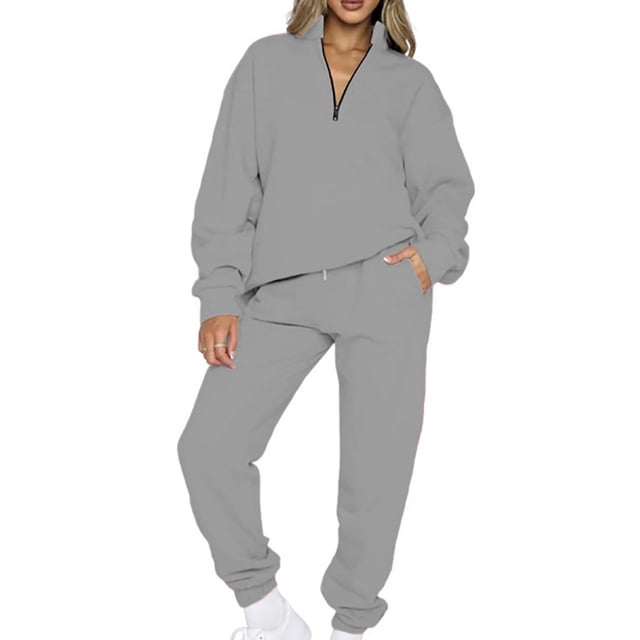 MAWCLOS Women Jogger Sets Long Sleeve Tracksuit Set Solid Color Two Piece Outfit Breathable Sports V Neck Sweatsuits Gray S