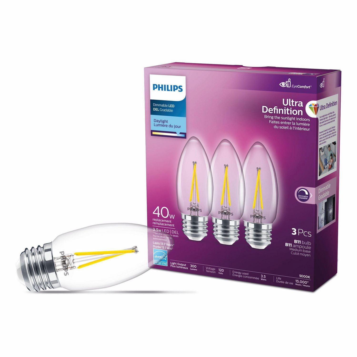 Philips UltraDefinition LED B11 E12 40W Equivalent Light Bulb, Dimmable Daylight (5000K) 3-Pack