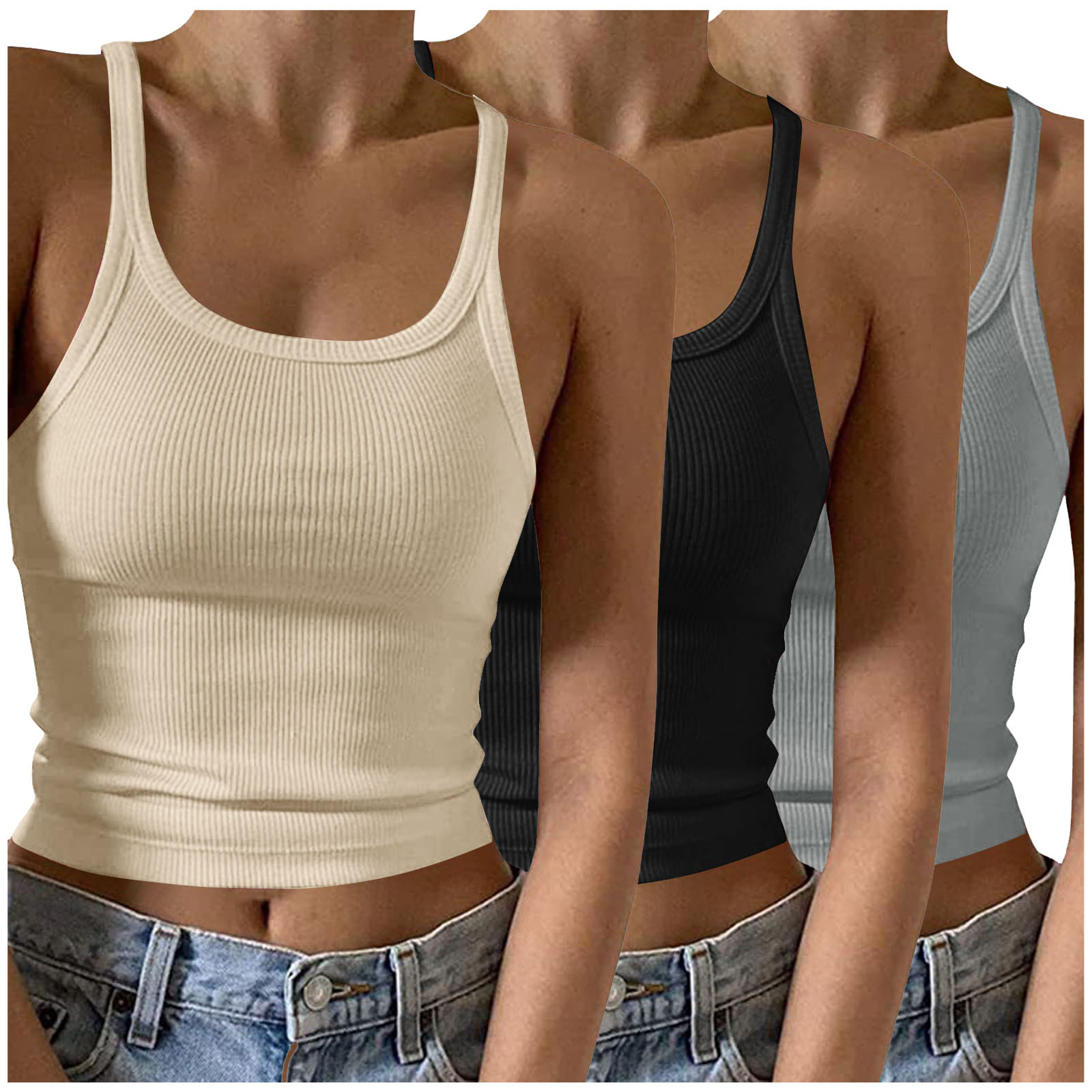 Timegard Camisoles 3 Pcs pour Femmes Col Rond Côtelé Sans Manches Ajusté Court Haut Décontracté Sortie Camis