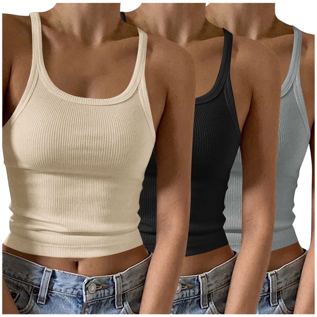 Timegard Camisoles 3 Pcs pour Femmes Col Rond Côtelé Sans Manches Ajusté Court Haut Décontracté Sortie Camis