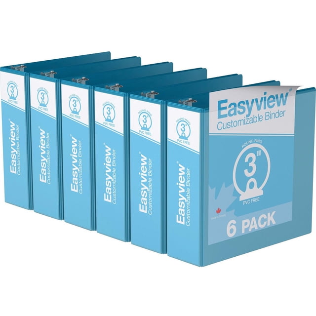 Davis Group Easyview Premium round ring customizable view binder 6 pack, 3 inch, featuring light blue PVC-free polypropylene covers with clear overlay on front, spine, and back, back-mounted rings for flat page laying, made in Canada, ideal for organizing presentations, manuals, and reports.