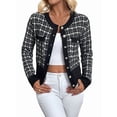 thumbnail image 1 of Femmes - Blazer à Carreaux Chic Décontracté Cardigan à Boutons devant Col Ras du Cou Manches Longues Vestes en Tricot Texturé Noir P, 1 of 9