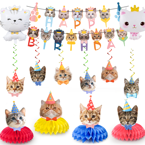 Cat Party Decorations, 27 Pcs Birthday Decorations Set - Colorful Banner Balloon Swirl Etc Cat Themed Party Decorations