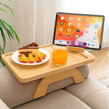 Sofa Tray Table Clip-On Side Table, Fits Wide Sofa Arms, Foldable Sofa Tray with 360° Rotating Phone Holder, Armrest Table for Eating/Drinking/Snacks/Remote Controls (Rectangular)