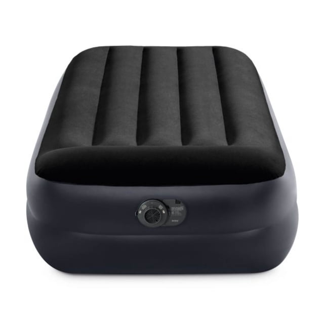 Intex Twin Pillow Rest Raised Airbed with Fiber-Tech Rp in black, front view showing the raised 16.5-inch height and built-in pillow, featuring a velvety soft top and integrated internal pump for rapid inflation and deflation, ideal for camping gear and portable sleeping solutions.