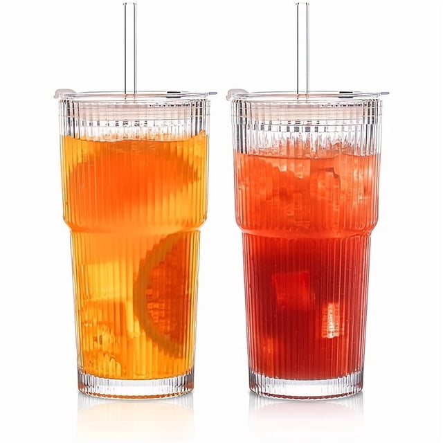 Bamboohart 2pcs set of 600ml/20oz ribbed glassware with lids and glass straws. Thick glass design suitable for iced coffee, smoothies, cocktails, and juices. Elegant ribbed texture adds sophistication to drinkware, ideal for entertaining or daily use.