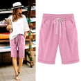 thumbnail image 2 of Pisexur Womens Shorts Cotton Linen Drawstring Solid Color Gym Workout Shorts Summer Comfy Elastic Waisted Shorts Plus Size Lounge Shorts Casual Beach Knee Length Shorts with Pockets,S-6XL, 2 of 6
