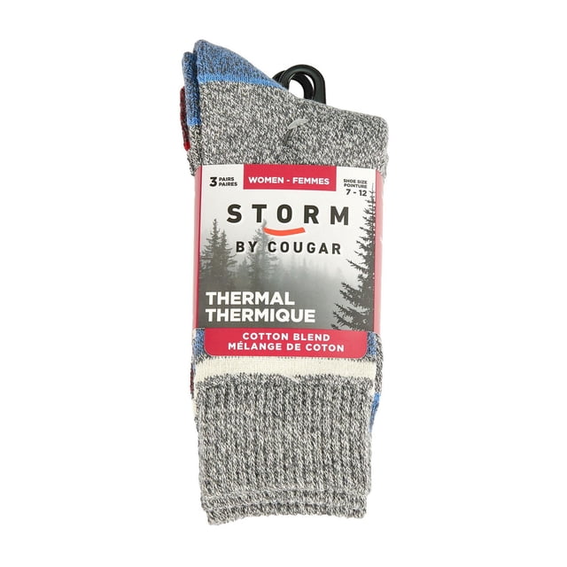 WOMENS THERMAL COTTON CREW SOCK 3-PACK includes three pairs of mid-calf thermal socks made from a cotton blend with ribbed 2x1 cuffs and full cushioning for warmth and comfort, shown in grey with blue and red accents, designed by Cougar Shoes for shoe sizes 7 to 12.