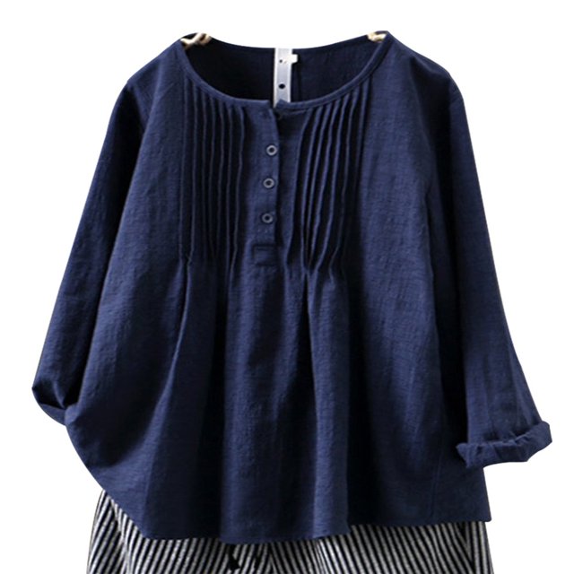 CHOK Womens Plus Size Cotton Linen Ruch Shirt Solid Loose Tunic Top Blouses in a navy blue color. This casual and simple long-sleeve blouse features a round neck, half-button design, and pleated detailing on the front. Made from soft, lightweight cotton linen fabric, it offers a loose fit for comfort and ease of movement. Suitable for daily wear, office, travel, or casual outings, and pairs well with jeans, skirts, or black pants.