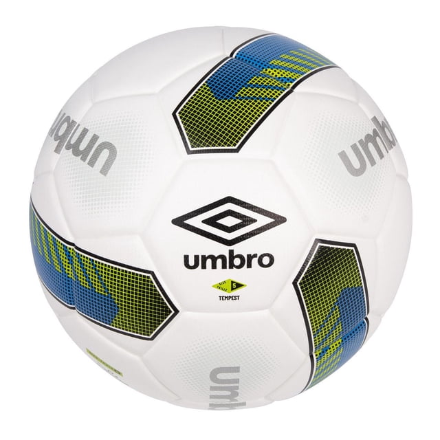 Umbro Tempest Soccer Ballon - Taille 5, Vue de devant Montrant une Coque Synthétique Blanche avec des Graphiques Pixélisés Bleus et Jaunes et le logo Umbro Noir, Conçu pour une Trajectoire Précise, la Rétention de la Forme et un Jeu durable dans les sports d'Équipe de Soccer.
