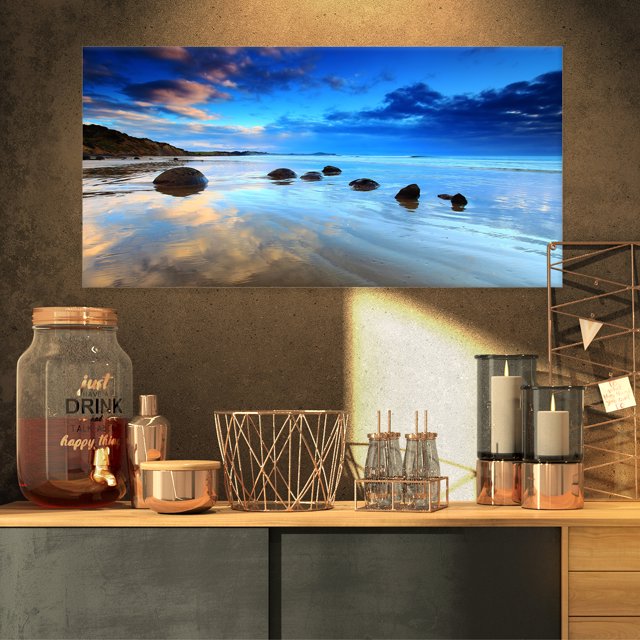 Moeraki Rochers sous Ciel Nuageux - Impression Photo sur Toile Bord de Mer