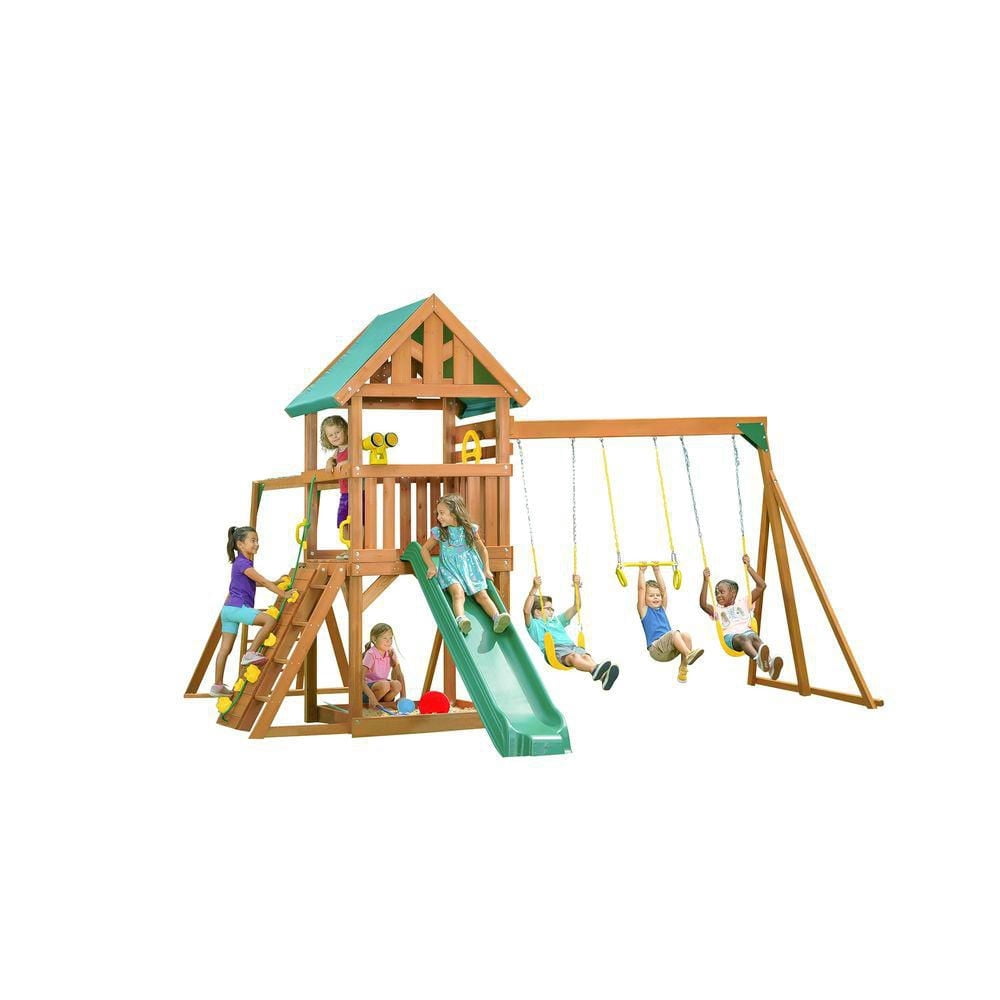 Creative Cedar Designs Ensemble de jeu en bois avec vue sur la montagne avec mur de roche, toboggan et balançoires (jaune et vert)