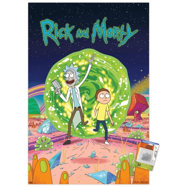 Rick And Morty - Affiche Murale de Couverture, 22,375 Pouces x 34 Pouces Représentant Deux Personnages Animés Debout devant un Portail Vert Lumineux sur un Paysage Extraterrestre vibrant avec des structures Cristallines et un Ciel Étoilé, Imprimée sur Papier Lustré, Convient à la Déco Maison et à l'Art Mural.