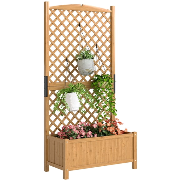 Outsunny Raised Garden Bed with Trellis, Wooden Raised Planter Box, Yellow