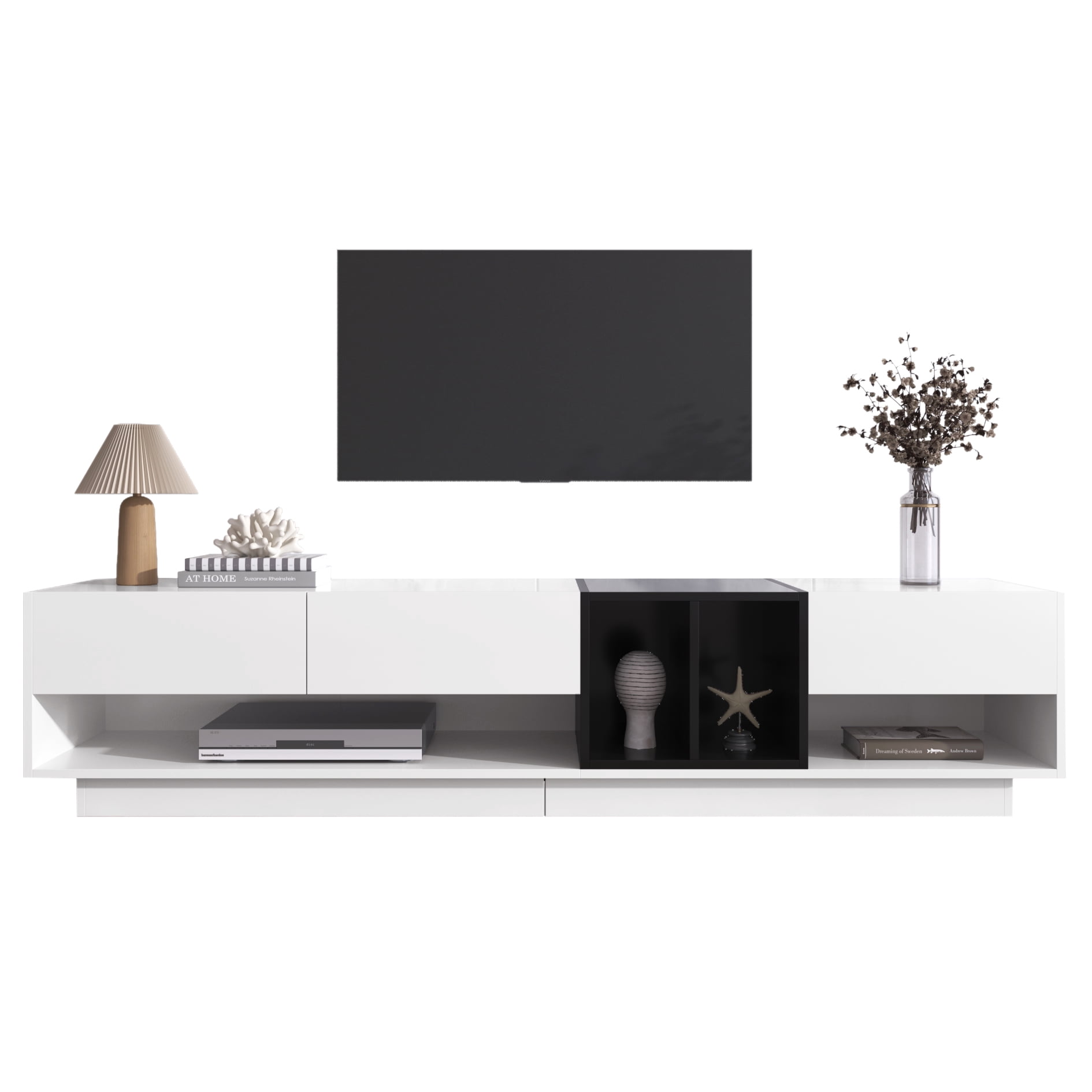 Noble House Meuble TV & Bas, Blanc Brillant & Noir à Blocs de Couleur, Rangement Multiple avec Tiroirs & Compartiments