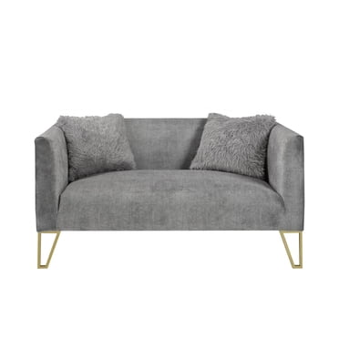 K-Living Aura Grey Suede Fabric Loveseat With Gold Stainless Steel Legs & Fur Pillows