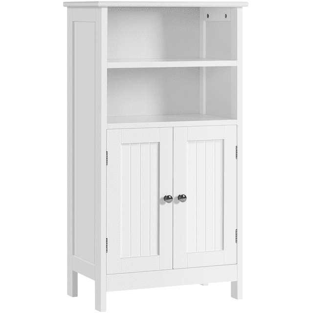 FullFurnique Armoire de Salle de Bain à 5 Niveaux avec Double Porte et Tablette Ajustable en Blanc, Fabriquée en MDF durable avec une Finition Résistante à l'Eau et aux Rayures, Comprenant Deux Étagères Ouvertes au-Dessus d'Une Armoire à Double Porte avec Tablette Intérieure Ajustable, Convient au Rangement de Salle de Bain Ou à l'Organisation d'Articles Ménagers.