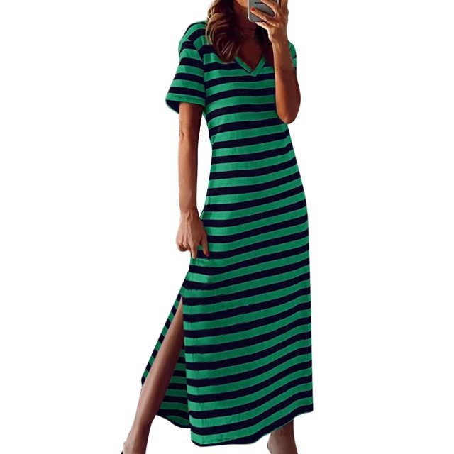 Kcodviy Robe Droite Évasée à Col en V pour Femmes, Robe Ample à Imprimé Rayé, Robe Midi Froncée, Robes pour Petites Femmes, Robes sous le Genou, Robes d'Été Maxi pour Femmes