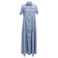 thumbnail image 4 of Leutsin Women Button Loose Solid V-neck Lmitation Denim Short Sleeve Long Dress, 4 of 6