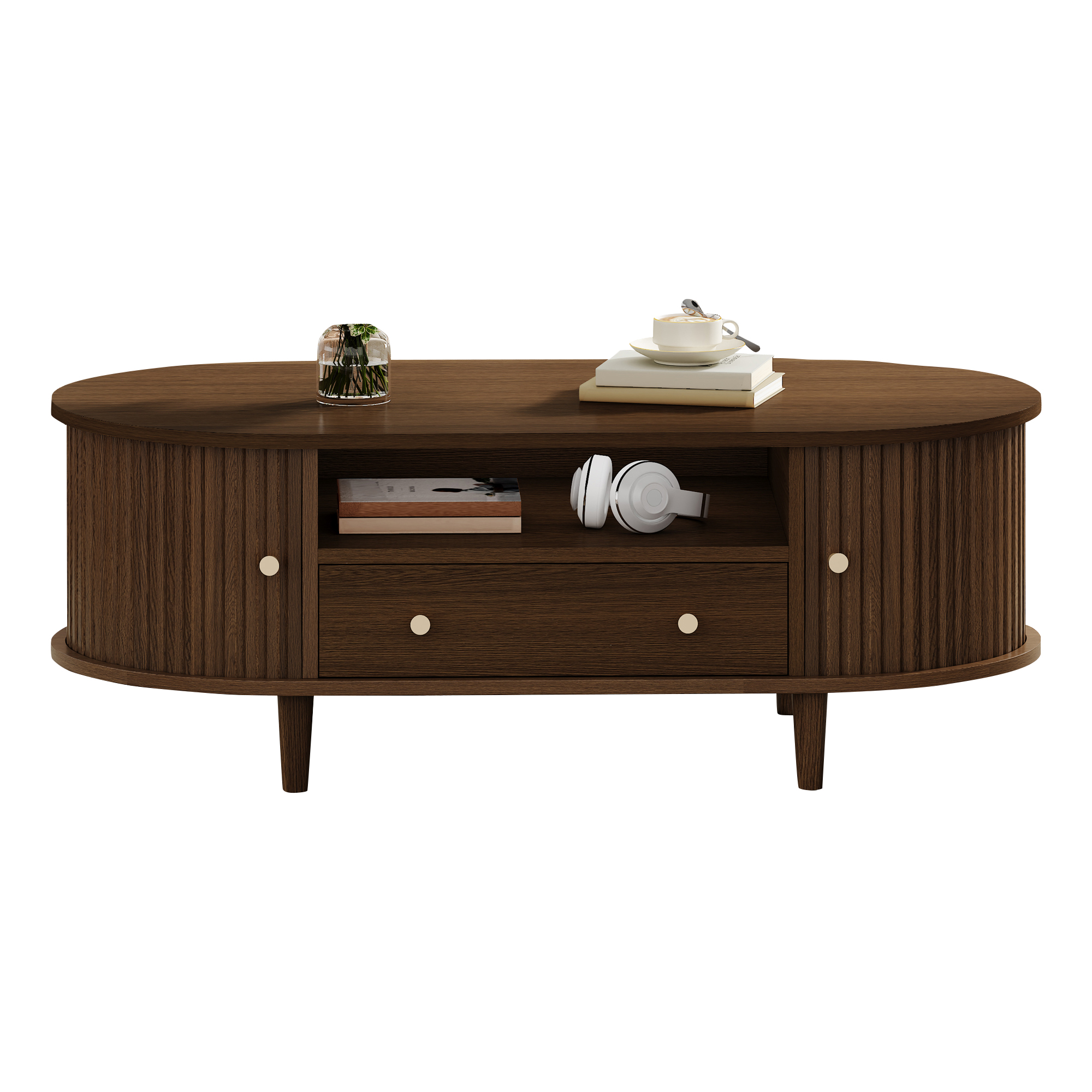 Homy Casa table basse ovale noyer avec tiroir, tablette ouverte et portes tambour pour le salon